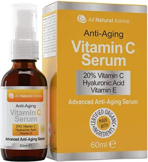 20% Vitamin C Serum Double the size - 2oz Bottle - Made in Canada All Natural 20% Vitamin C   Hyaluronic Acid   Vitamin E Anti-Aging Certified Organic Excellent for Sensitive Skin