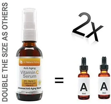 20% Vitamin C Serum Double the size - 2oz Bottle - Made in Canada All Natural 20% Vitamin C   Hyaluronic Acid   Vitamin E Anti-Aging Certified Organic Excellent for Sensitive Skin