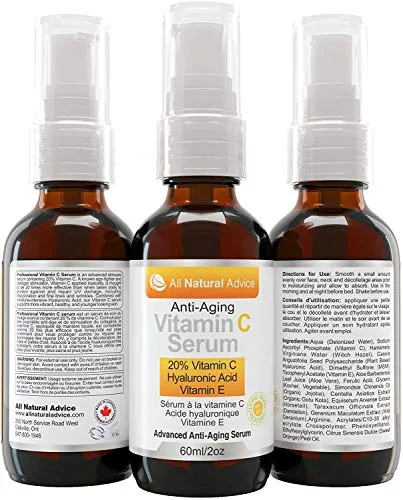 20% Vitamin C Serum Double the size - 2oz Bottle - Made in Canada All Natural 20% Vitamin C   Hyaluronic Acid   Vitamin E Anti-Aging Certified Organic Excellent for Sensitive Skin