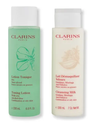 Clarins Toning Lotion with Iris 6.8 oz & Cleansing Milk with Gentian Combination or Oily Skin 7 oz