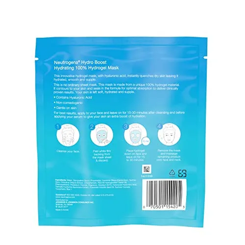 :Neutrogena Hydro Boost Moisturizing & Hydrating 100% Hydrogel Sheet Face Mask for Dry Skin with Hyaluronic Acid, Gentle & Non-Comedogenic, 12 Count,SG_B076H45H68_US