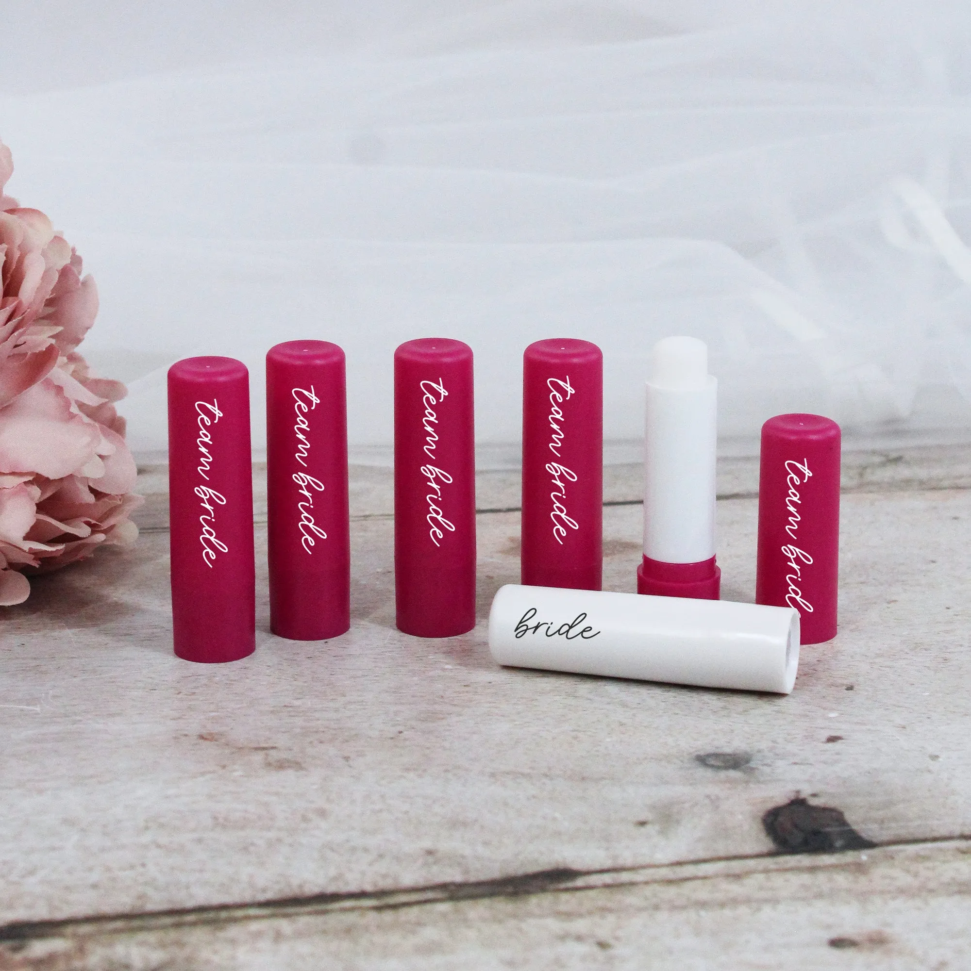 Personalised Pink Team Bride & White Bride Lip Balms