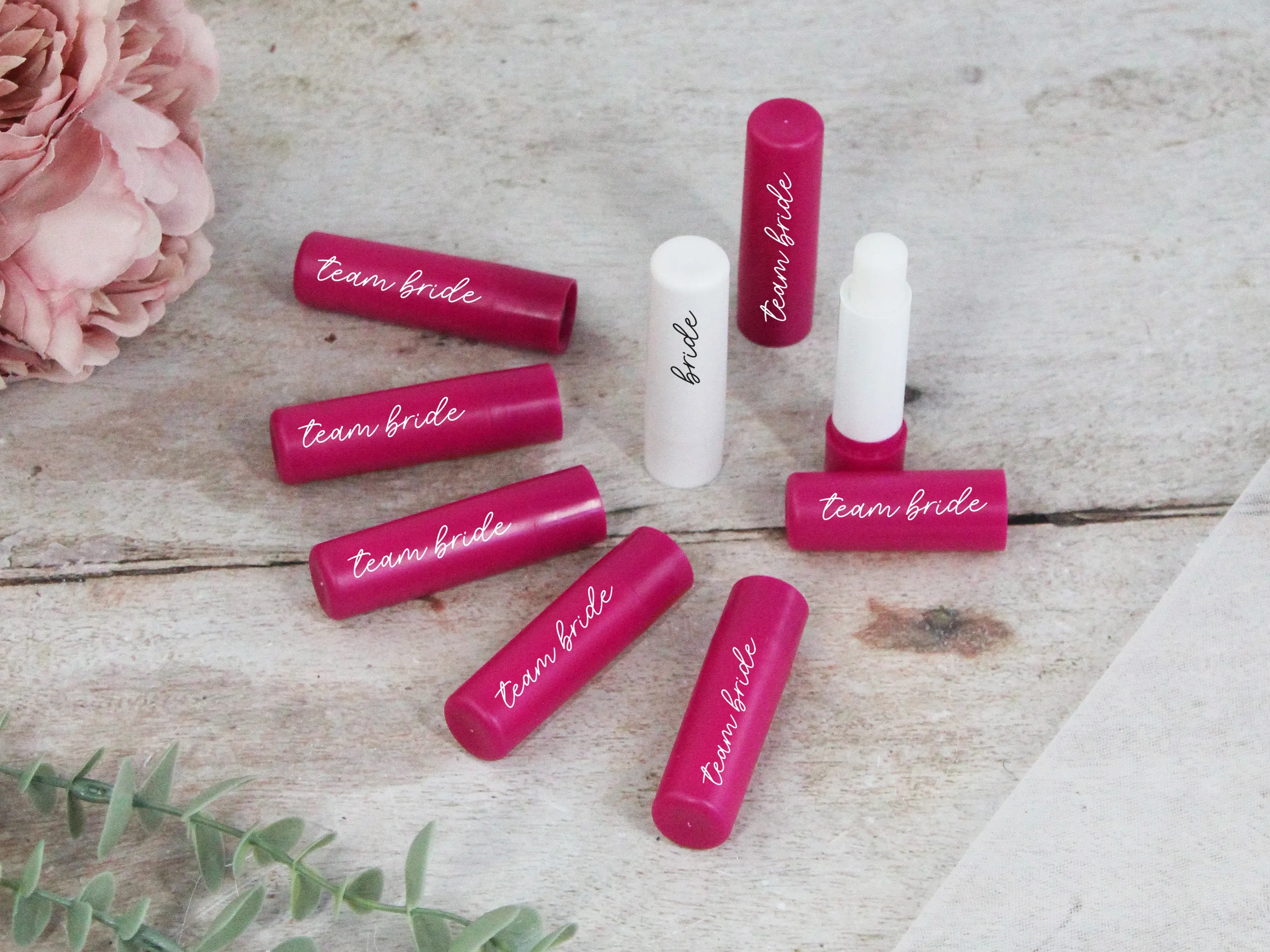 Personalised Pink Team Bride & White Bride Lip Balms