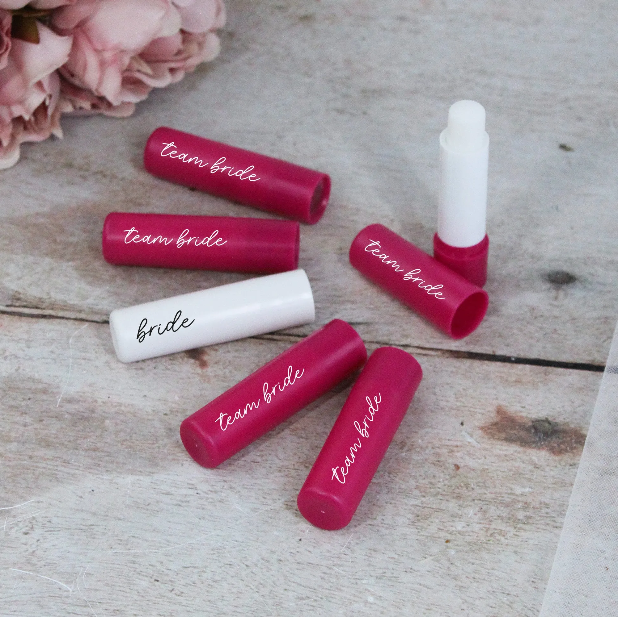 Personalised Pink Team Bride & White Bride Lip Balms