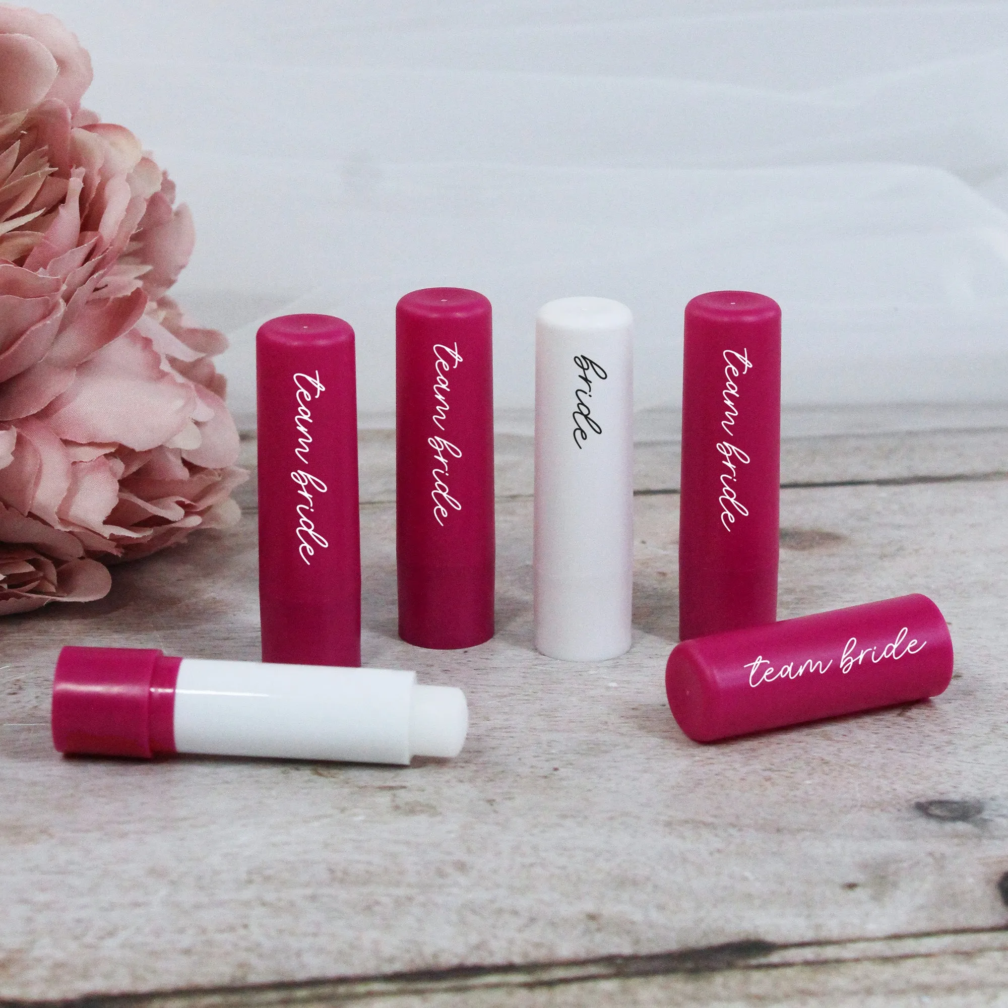 Personalised Pink Team Bride & White Bride Lip Balms