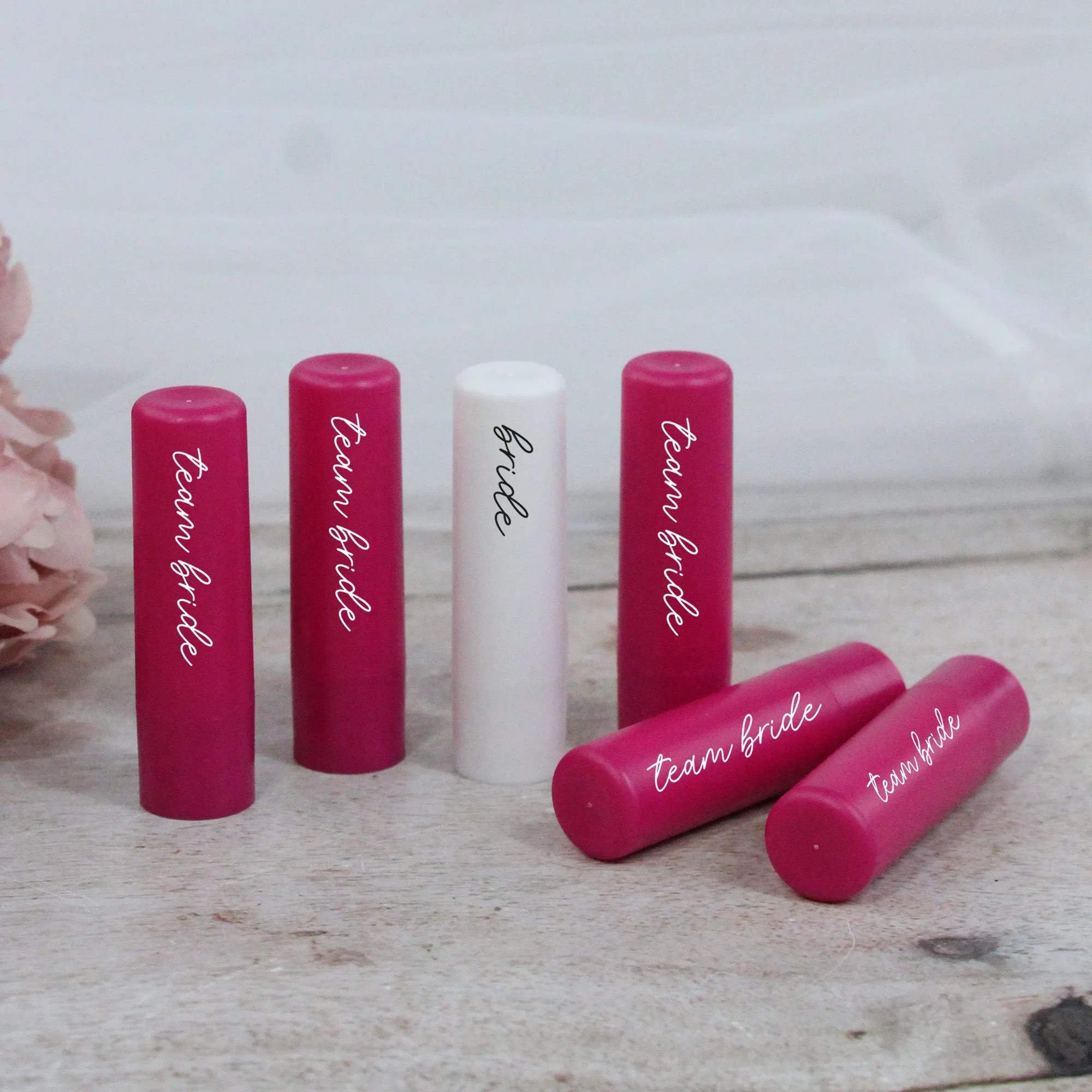 Personalised Pink Team Bride & White Bride Lip Balms