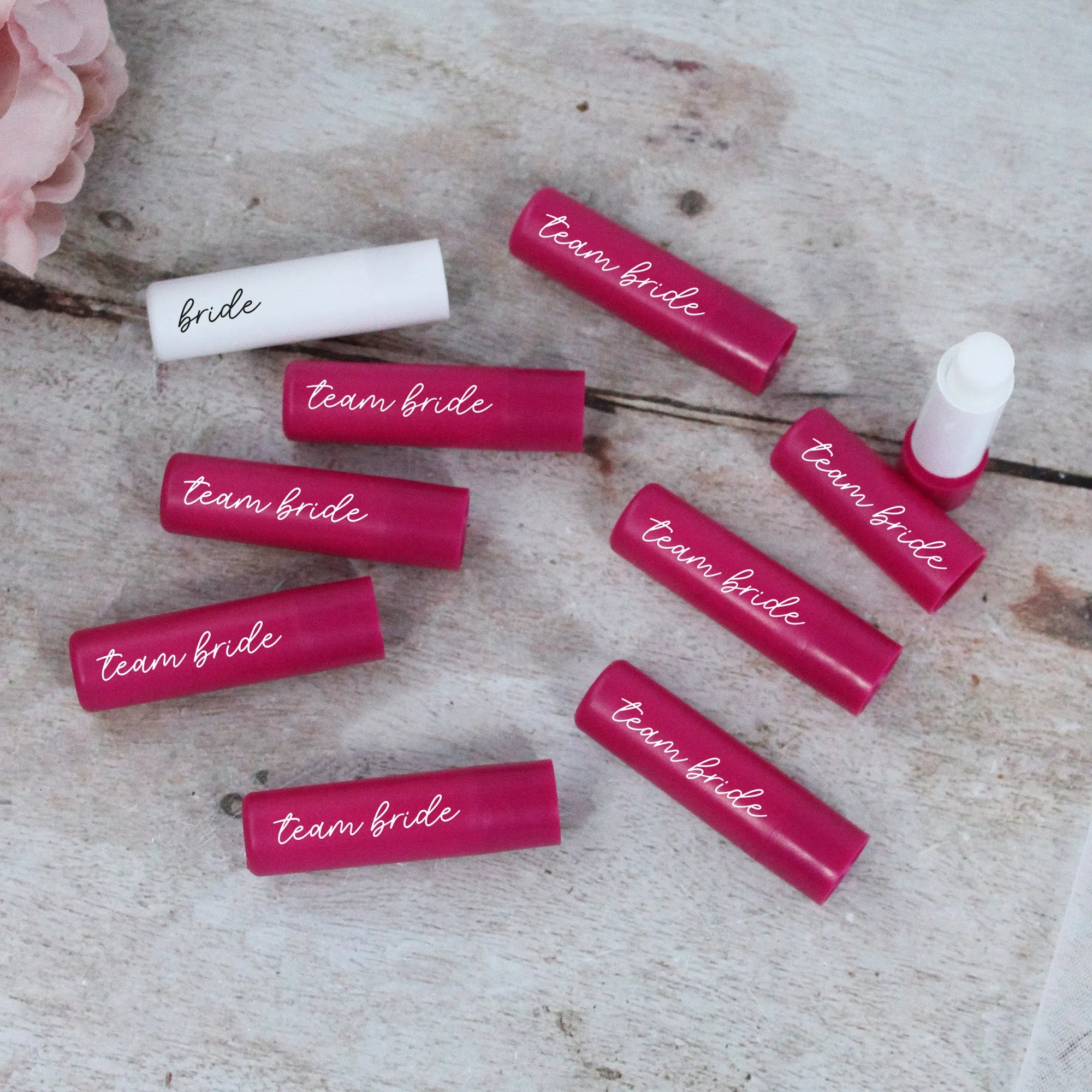 Personalised Pink Team Bride & White Bride Lip Balms