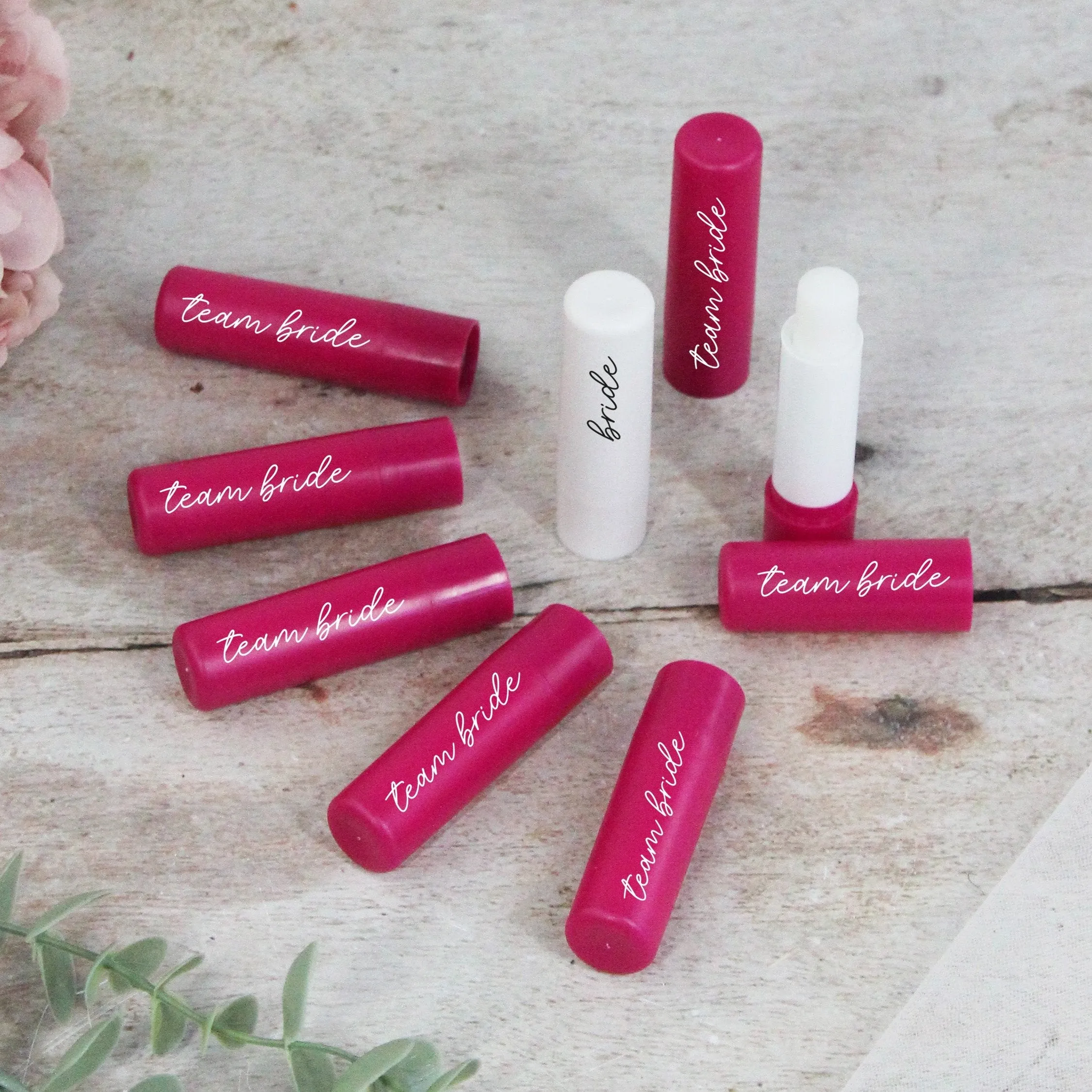 Personalised Pink Team Bride & White Bride Lip Balms