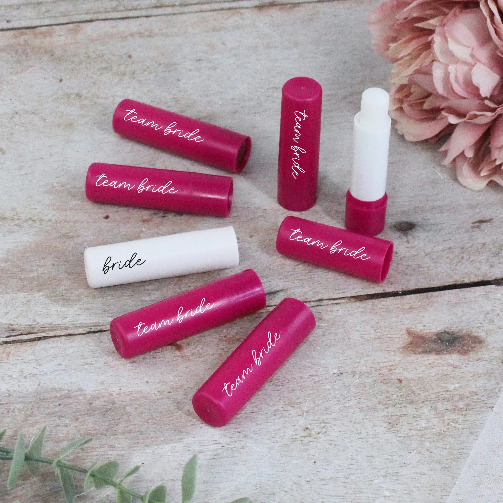 Personalised Pink Team Bride & White Bride Lip Balms